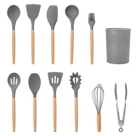 11Pcs Silicone Cooking Utensil Set Heat Resist Wooden Handle Silicone Spatula Turner Ladle Spaghetti Server Tongs Spoon Egg Whish Kitchenware Set w/ H (Option: UtensilSetGrey)
